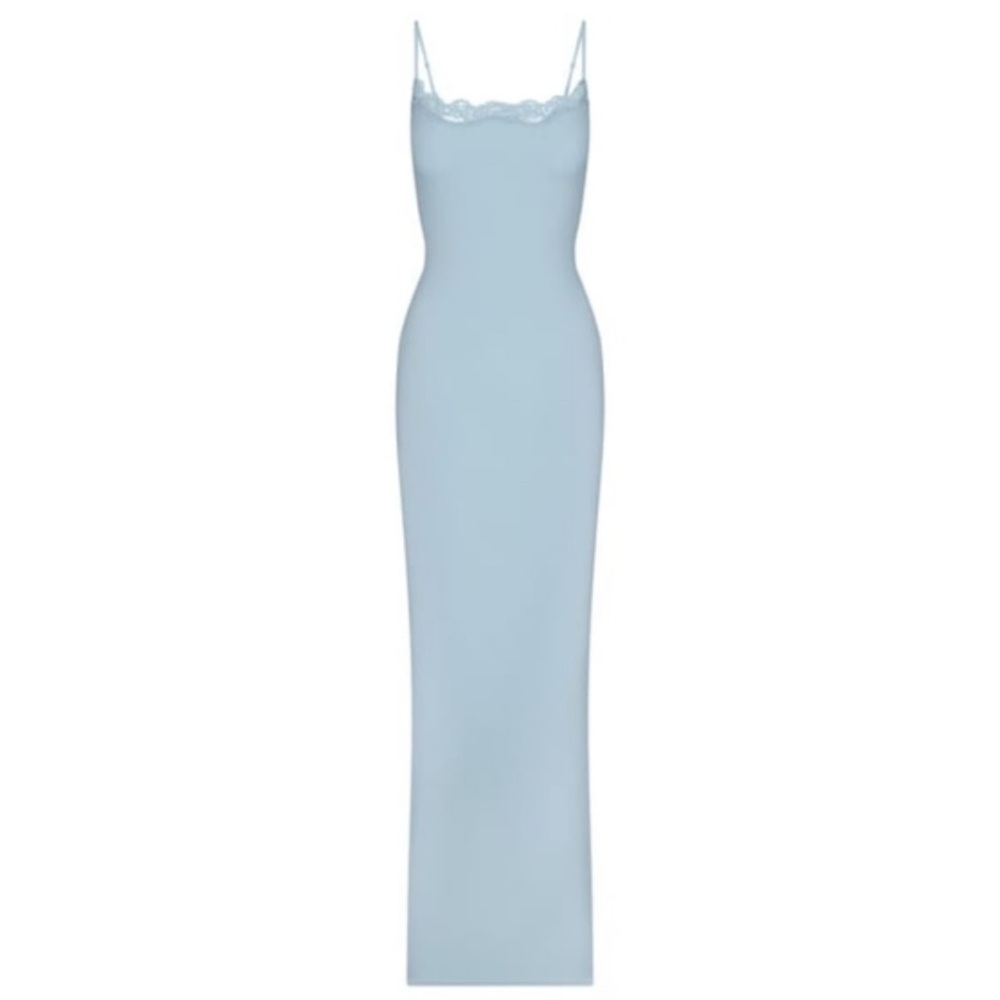 NWT SKIMS Fits Everybody Lace-Trimmed Long Slip Dress - Light Denim